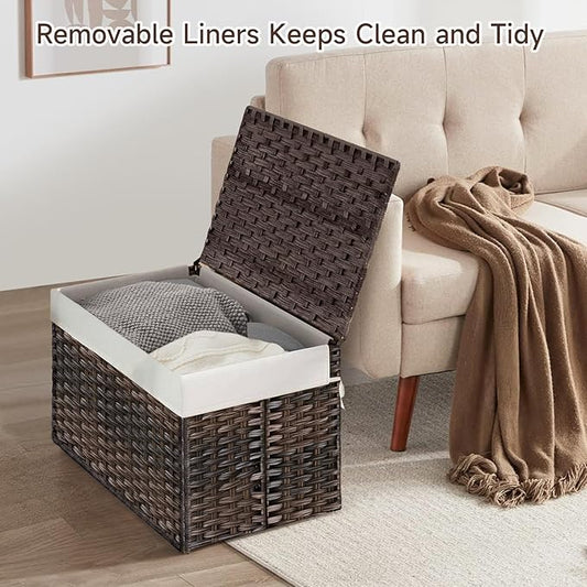 180L Wicker Storage Basket with Lid, Handwoven Rattan Large Shelf Basket with Removable Liner, 47.6 Gallon Wicker Basket for Blanket, Storage Trunk with Handle for Closet, Bedroom, Livingroom, Brown