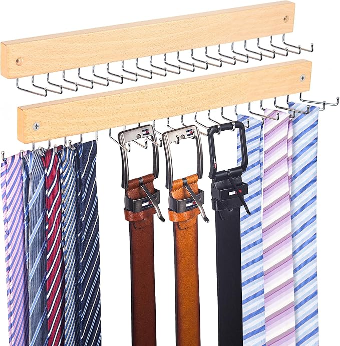 【2 in 1】 2 Pack Tie Organizer Belt Organizer Wall Mounted, Space Saving Tie Rack Belt Hanger for Closet with 40 Storage Hooks, Belt Tie Holder for Closet Organizer Storage Natrual