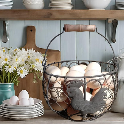 LINCOUNTRY. Chicken Wire Egg Basket for Gathering Fresh Eggs with Handle, Round Metal Egg Collecting Basket Countertop Storage Container Holder, Vintage Rustic Farmhouse Rooster Decor Kitchen