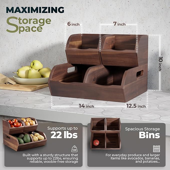 Acacia Wood Pantry Storage Bins - Stackable Open Front Kitchen Baskets with Airflow Vent for Potato, Onion, Fruit, Vegetable, and Bread Storage, Wood Organizer for Pantry and Countertop