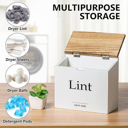 Magnetic Lint Bin for Laundry Room - Compact Size, Wooden Dryer Lint Bin with Lid - Rustic Lint Box, Magnetic Bin - Modern Farmhouse Laundry Room Decor, White with Torched Lid