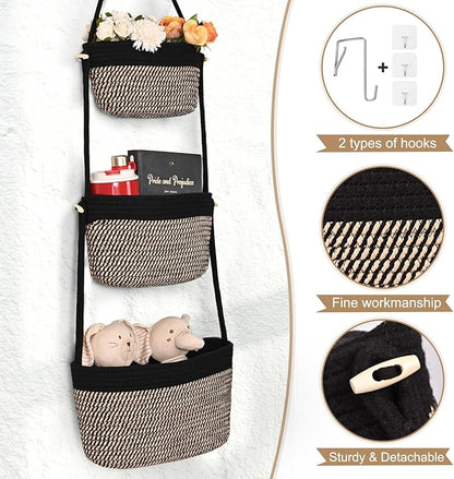 Hanging Storage Baskets, Over The Door Basket, Cotton Wall Baskets Storage, Hanging Door Basket with 4 Hooks