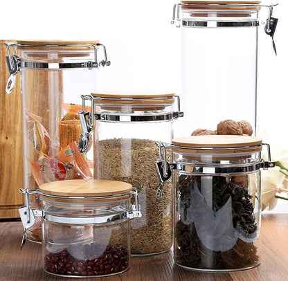Le'raze Set of 5 Borosilicate Glass Food Storage Canisters with Airtight Bamboo Clamp Lid, Kitchen Bathroom and Pantry Organization Containers, Cookie Jars for Flour