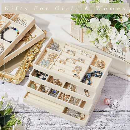 Junkin 18 Pcs Velvet Jewelry Tray Stackable Jewelry Drawer Organizer Jewellery Box Divided Display Tray for Earring Bangle(Beige)