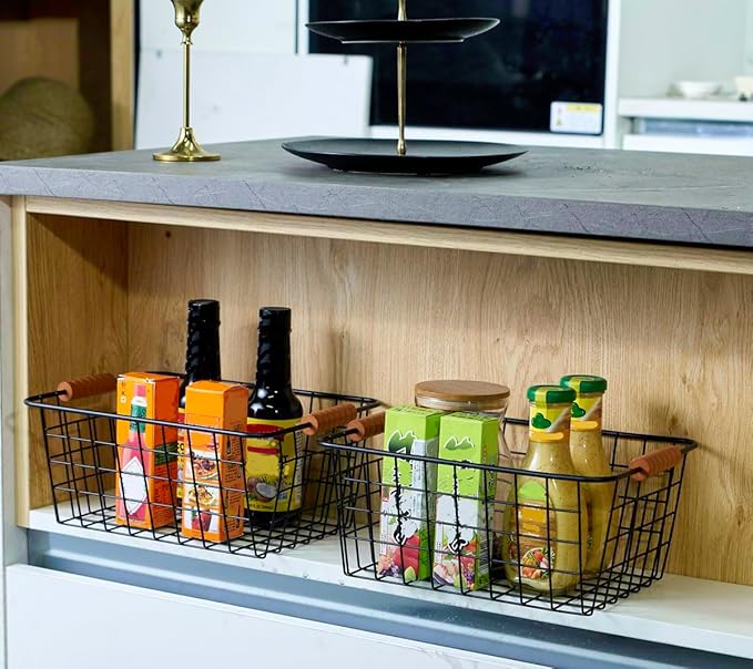 Wire Kitchen Storage Basket 2 Packs,Perfect Pantry Organization Accessories Baskets,Laundry Basket,With a Wooden handle,Suitable for Kitchen,Bathroom,Bedroom,Tabletop,Stackable,Black