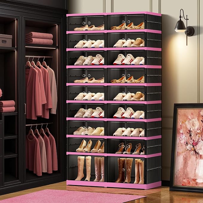 CIMLORD 9-Tier Foldable Shoe Rack Organizer for Closet,36 Pairs Collapsible Plastic Shoe Shelf,Large Shoes Cabinet with Door,Clear Stackable Storage Box Easy Assembly（Black-Pink）