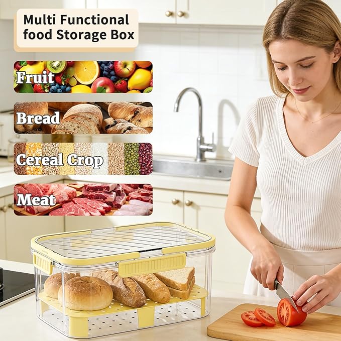 JINGYAN 1-Piece Yellow Plastic Food Storage Container | Refrigerator Storage Container | Stackable, Detachable Drain Rack Handheld, Snap Cap Transparent Fruit and Vegetable Container