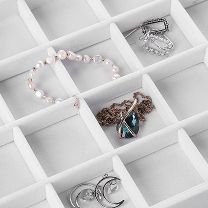 Frebeauty Velvet Jewelry Tray,24 Grid Jewelry Organizer with Clear Lid,Earring Holder Organizer with Clasp,Drawer Insert Rings Pendants Brooches,13.8 x 9.5 x 2 Inches,Gift for Women Girls(White)