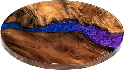 Handmade 16" Wood and Epoxy Resin Lazy Susan, Turntable for Kitchen Countertop, Rotating Display Stand, Round Wooden Platter, Organizer and Storage for Dining Table (Blue and Purple)