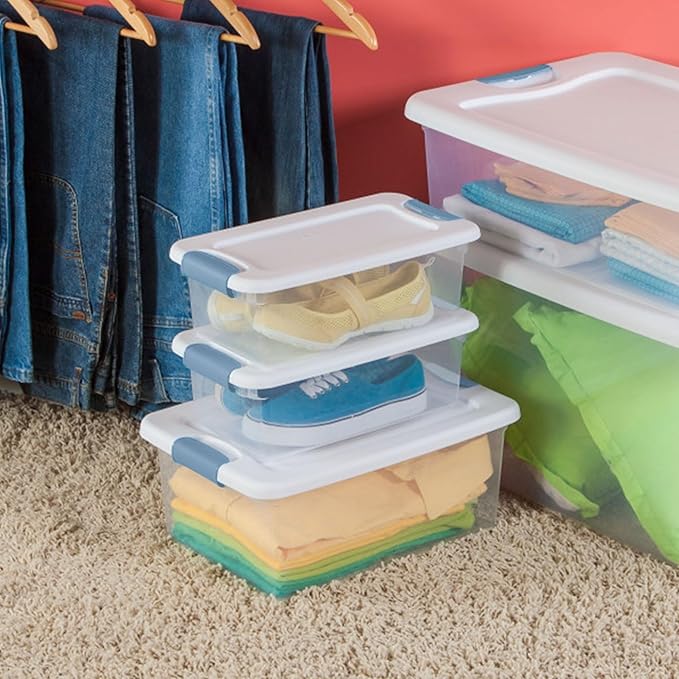 Sterilite 24-Pack Latching Box, Under Bed Storage Bins with Lids, Clear Plastic, 6 Quart - Heavy-Duty Organizing Containers for Closet, Bathroom, and Office