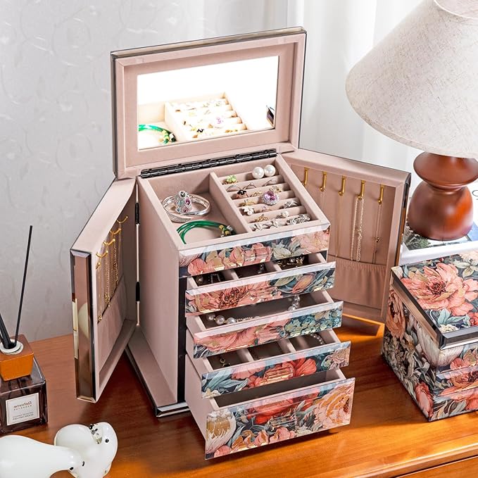 Homruilink High End Glass Jewelry Box - 5 Layer Jewelry Organizer with 2-Sided Doors and Mirror - Velvet-Lined Organizer For Ring, Necklace, Earring, Bracelet Storage - Christmas Gifts For Women