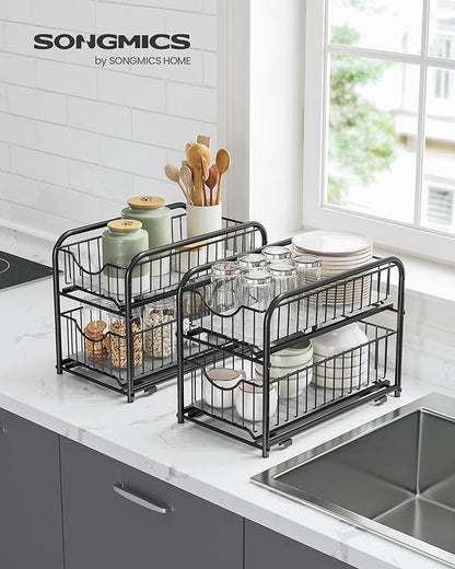 SONGMICS 2-Tier Pull Out Cabinet Organizers, Under Sink Organizer, Bathroom Organizer and Storage, Sliding Basket Drawers, Stackable for Kitchen, Bathroom, Ink Black UKCS017B01