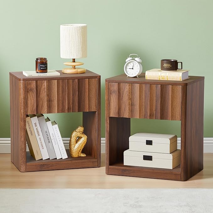 Bifins Fluted Dresser, Small Nightstands Set of 2, Walnut Bedside Table with Drawer and Storage, Mid Century Modern Side Table for Bedroom Sofa