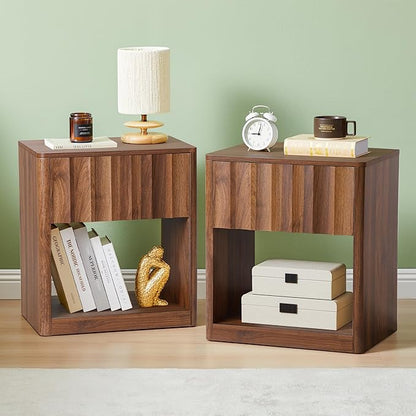Bifins Fluted Dresser, Small Nightstands Set of 2, Walnut Bedside Table with Drawer and Storage, Mid Century Modern Side Table for Bedroom Sofa