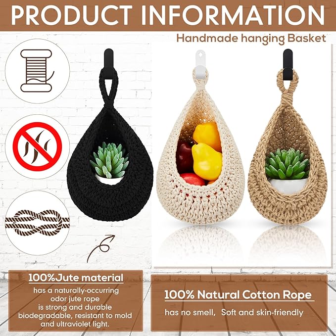 Honeydak Boho Decor Hanging Wall Baskets for Kitchen 3 Pack Teardrop Baskets with Hooks Storage Fruit Onion Vegetable Potato for Home 3 Sizes(Black,Cotton Rope)