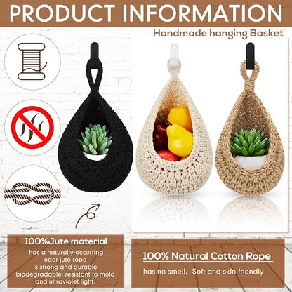 Honeydak Boho Decor Hanging Wall Baskets for Kitchen 3 Pack Teardrop Baskets with Hooks Storage Fruit Onion Vegetable Potato for Home 3 Sizes(Black,Cotton Rope)