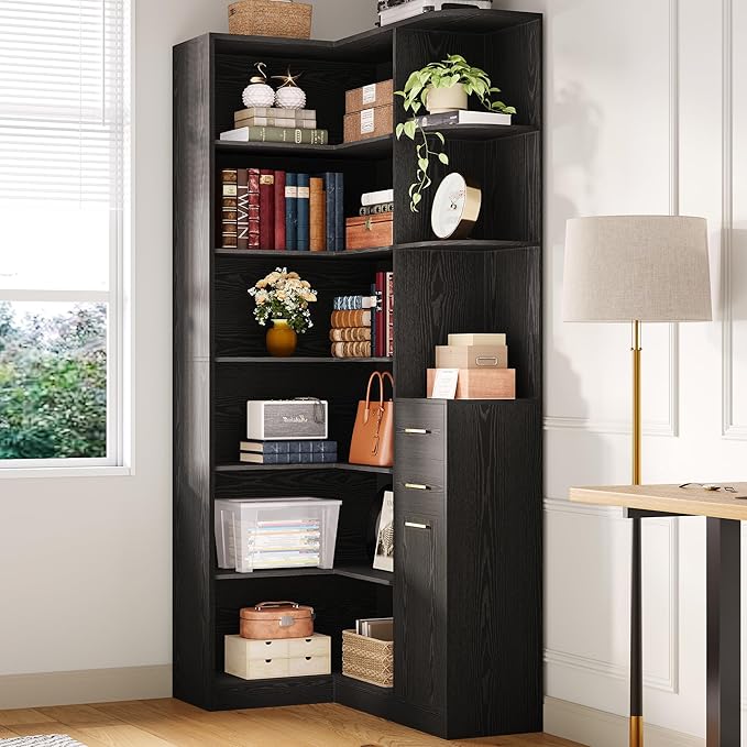 IRONCK Corner Bookshelf, 76" Tall Corner Bookshelves, 6 Tiers L-Shaped Bookcase with 10 Open Shelves and 2 Storage Drawers for Living Room or Home Office