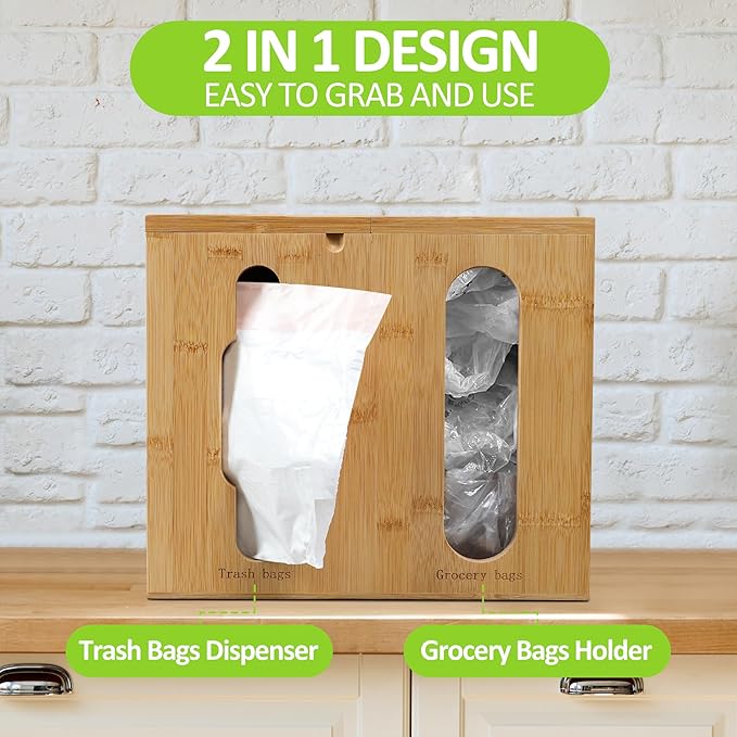 Trash Bag Dispenser & Grocery Bag Organizer, 2 in 1 Bamboo Garbage Bags Storage Box for Cabinet Door, Under Sink, or Wall Mounting