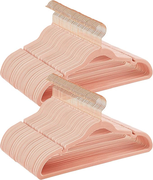 SONGMICS Velvet Hangers 100 Pack, Non-Slip Clothes Hangers with Shoulder Notches, Pants Bar, 360° Swivel Hook, Space-Saving, for Closet, Jelly Pink UCRF029R100