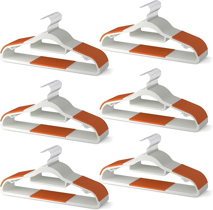 MLKJHHI 60 Pack Heavy Duty Plastic Hangers, Non Slip Clothes Hangers with Rubber Pads and 360° Hook - Thin Space Saving Hanger, Closet Organizer for Shirt, Pants, Suit, Skirt, Coat - Orange