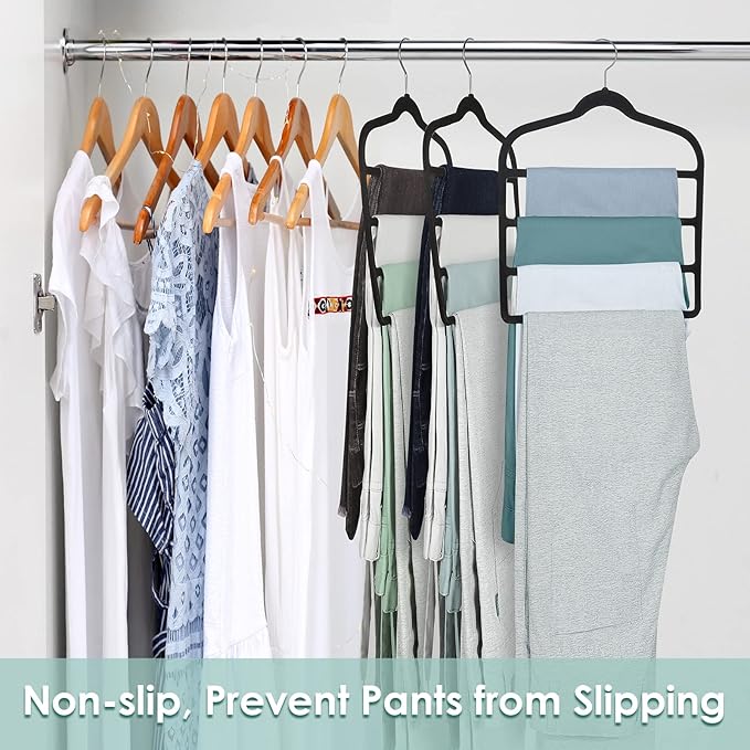 Velvet Hangers Space Saving Non Slip Pant Velvet Hangers, DUDUCOFU 4 Pack Black Multi Layer Clothes Hangers Closet Organizer for Pants Trousers Scarf