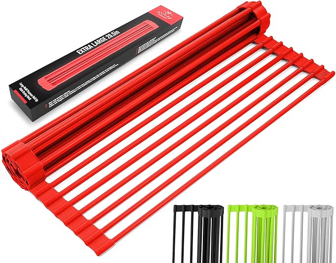 Zulay Kitchen Large Roll Up Dish Drying Rack - Heavy Duty Silicone Wrapped Steel Rods Over Sink Dish Drying Rack - Versatile Roll Up Sink Drying Rack & Trivet - Red,20.5 inches x 13 inches