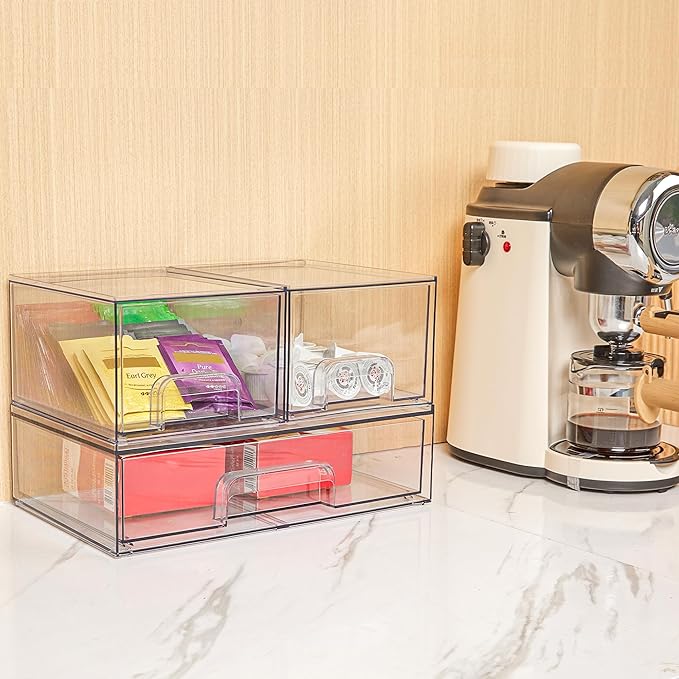 Vtopmart Stackable Storage Drawers Set of 3,Clear Plastic Organizer Bins for Makeup, Cosmetics, Beauty Supplies,Ideal for Vanity, Bathroom,Cabinet,Pantry Organization
