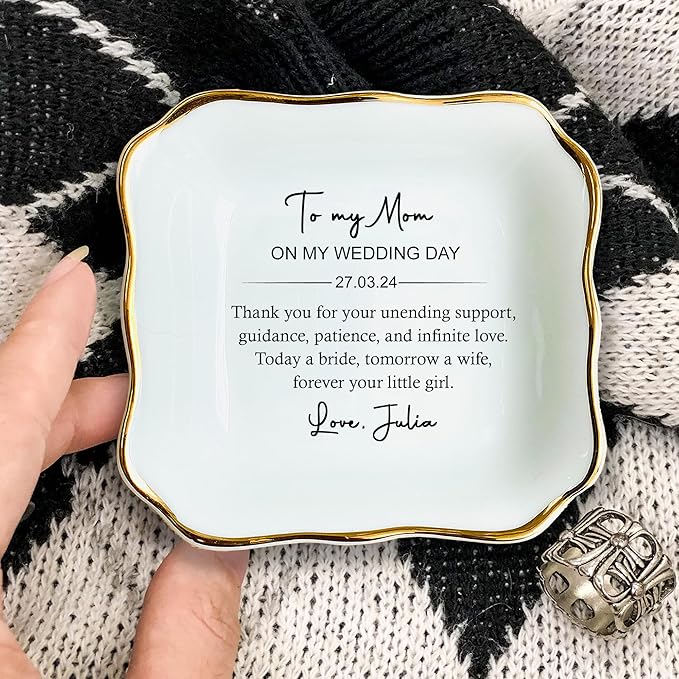 HatafaFurni Gift For Mother On Wedding Day, Custom Wedding Ring Dish, Ceramic Jewelry Dish, Personalized Trinket Tray, Gift For Mom From Bride, Custom Jewelry Holder, Wedding Gift, mil01