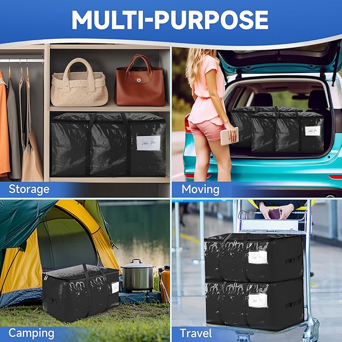 8-pack extra-large moving bags - zinc alloy zipper, webbing edging, sturdy handles, durable construction, PE plastic material, suitable for university dormitories and home organization.