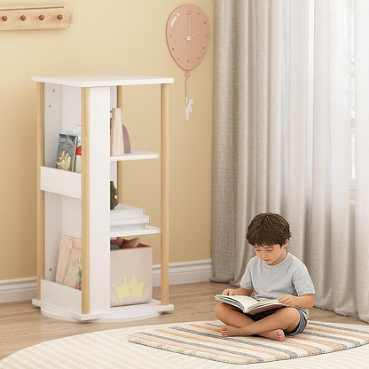 Ikebana Rotating Bookshelf Kids, 3 Tier Rotating Bookshelf Tower with Chalkboard, 360 Display Floor Standing Revolving Corner Bookcase and Narrow Book Shelf Organizer