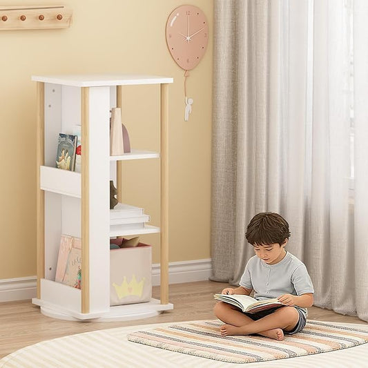 Ikebana Rotating Bookshelf Kids, 3 Tier Rotating Bookshelf Tower with Chalkboard, 360 Display Floor Standing Revolving Corner Bookcase and Narrow Book Shelf Organizer