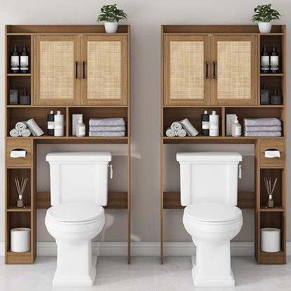 Farmhouse Rattan Storage Cabinet Over Toilet - 2 Door with Toilet Paper Holder - Space-Saving for Bathroom, Oak