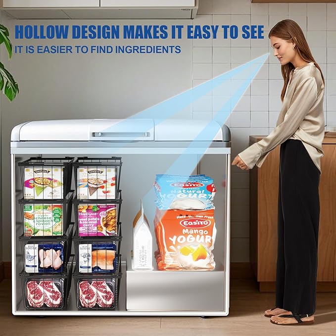 Stnopw 4Pcs Freezer Organizer Bins,Stackable Freezer Storage Containers,Deep Freezer Organizer Bins Effectively Classify Food,Foldable Side Handles freezer organizer bins for Extra Storage Space
