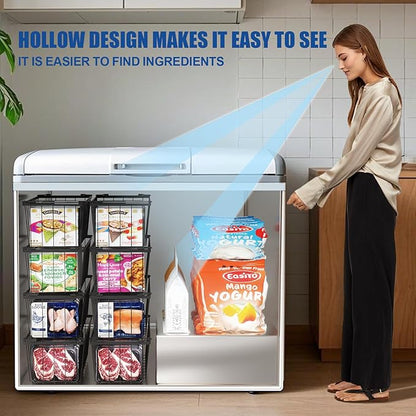 Stnopw 4Pcs Freezer Organizer Bins,Stackable Freezer Storage Containers,Deep Freezer Organizer Bins Effectively Classify Food,Foldable Side Handles freezer organizer bins for Extra Storage Space