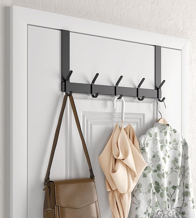KitchLife Over The Door Hooks Hanger with 7 inches Extended Arms, Fit for 1 3/8" Doors, J18U, Bathroom Towel Rack Organization, Thickened 1 Pack Double Hook, Matte Black