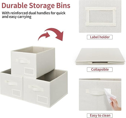 GRANNY SAYS Closet Organizer Bins with Label Holder, Fabric Storage Baskets, Foldable Storage Bins for Living Room, Decorative Storage Containers Organizing, Pearl White, 3-Pack