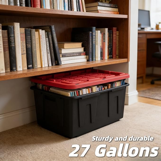 4-Pack 27 Gallon Heavy Duty Storage Bins Durable Polypropylene Plastic with Snap Lock Lids Stackable Large Capacity Organizers Garage Basement Multi-Purpose Storage Containers Black and Red
