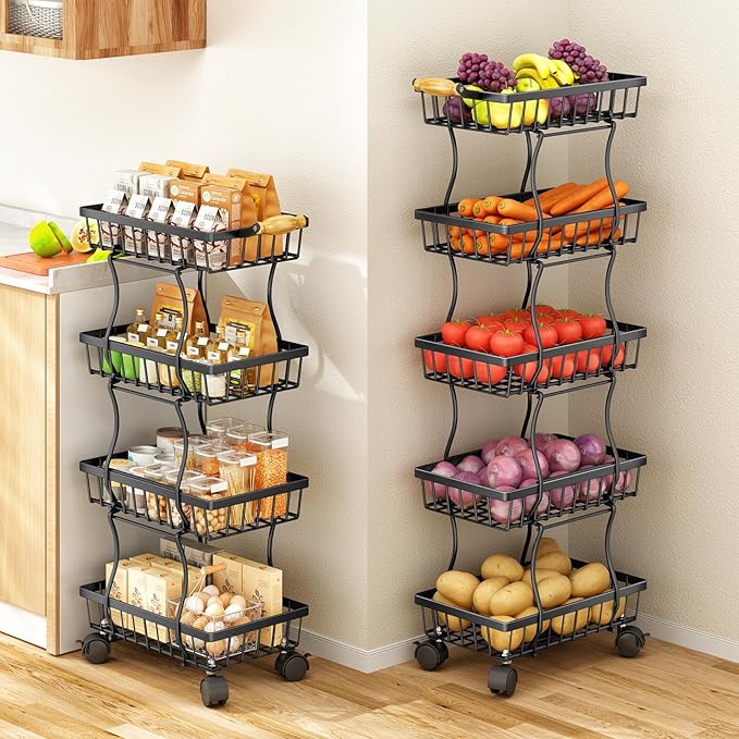 Fruit Basket Kitchen Pantry Organizers and Storage - 5 Tier Stackable Metal Wire Basket Stand for Fruit Vegetable Snacks Jars Bins Containers Organization, Black