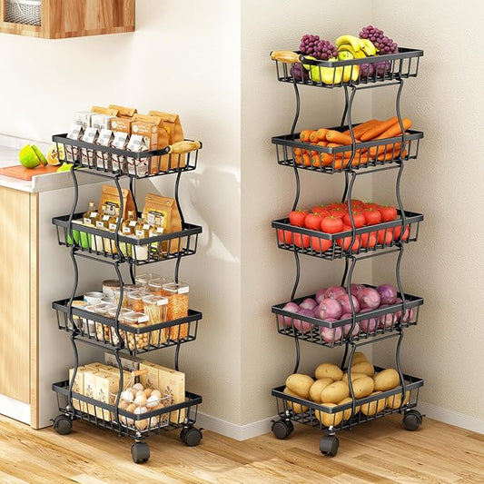 Fruit Basket Kitchen Pantry Organizers and Storage - 5 Tier Stackable Metal Wire Basket Stand for Fruit Vegetable Snacks Jars Bins Containers Organization, Black