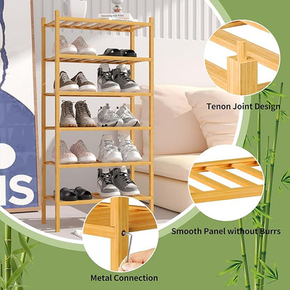6-Tier Bamboo Small Shoe Rack, Free Standing Wood Shoe Shelf Storage Organizer for Closet Entryway Stackable (Natural)