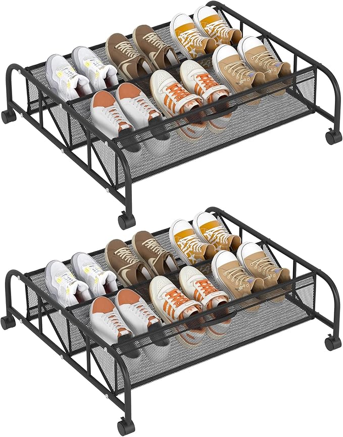 FKUO 2 Tier Shoe Rack Underbed Organizer Storage Rack with Wheels Woven Mesh Cloth Shoe Organizer Drawer Space Saving for Bedroom (Black, 2 Pack)