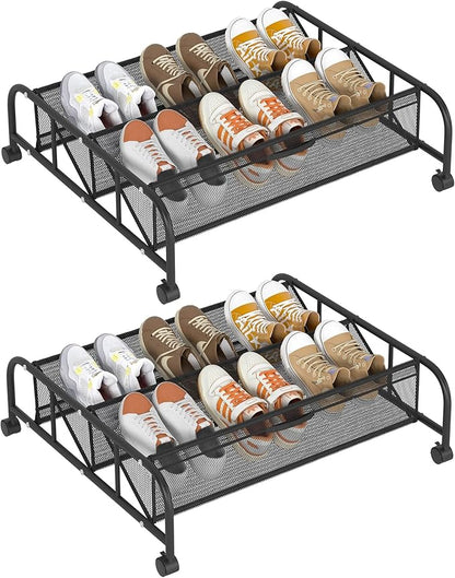 FKUO 2 Tier Shoe Rack Underbed Organizer Storage Rack with Wheels Woven Mesh Cloth Shoe Organizer Drawer Space Saving for Bedroom (Black, 2 Pack)