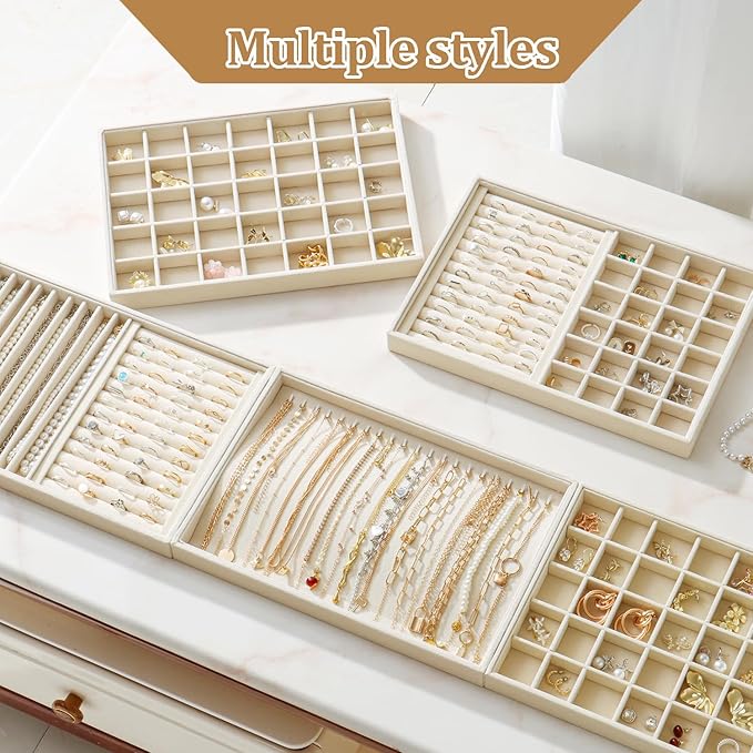 KATISYIO Large Velvet Jewelry Tray 2 Pack Stackable Jewelry Display Drawer Inserts Trays Organizer for Earring Bracelet Necklace Ring (Beige, 35 Grids)