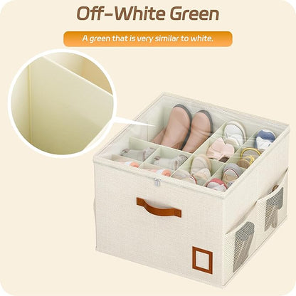 Shoe Organizer for Closet, 2 Pack Foldable Shoe Storage Organizer Box with Adjustable Dividers and Clear Cover, Space Saving Shoe Box with Reinforced Handles, Fits 16-32 Pairs, White+Green