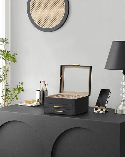 SONGMICS Jewelry Box Organizer with Glass Lid, 3-Layer Jewelry Storage, with 2 Drawers, Modern Style, 8 x 9.1 x 5.3 Inches, Graphite Black and Gold Color UJBC239B03