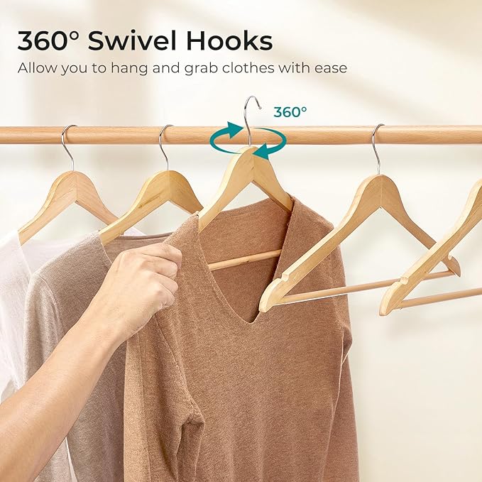 HOUSE DAY Premium Wooden Coat Hangers 100 Pack, Heavy Duty Solid Wood Clothes Hangers with 360° Swivel Hook & Pant Bar for Jackets, Dress, Shirts, Natural Wood Suit Hanger for Closet Organizer