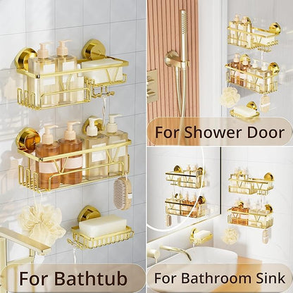 KEGII Suction Cup Shower Caddy – 3 Pack Suction Cup Shelf with Soap Holder & Hooks, Rustproof Stainless Steel Shower Organizer, Removable No Drilling Bathroom Storage Rack, Gold