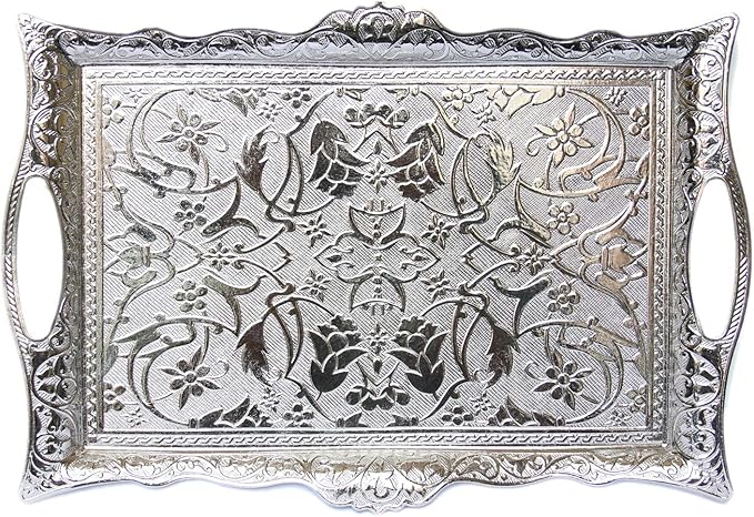 Alisveristime Ottoman Turkish Zamak Serving Tray with Traditional Motifs, Ideal for Coffee and Tea - Six Person Tray (14.5 x 9.85 in) (Silver)