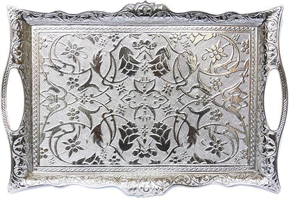 Alisveristime Ottoman Turkish Zamak Serving Tray with Traditional Motifs, Ideal for Coffee and Tea - Six Person Tray (14.5 x 9.85 in) (Silver)