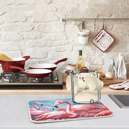 Lifelike Beautiful Pink Flamingo Microfiber Dish Drying Kitchen Countertop Table Protector Multipurpose Counter Rack Sink Drainer Pad (16" x 18")
